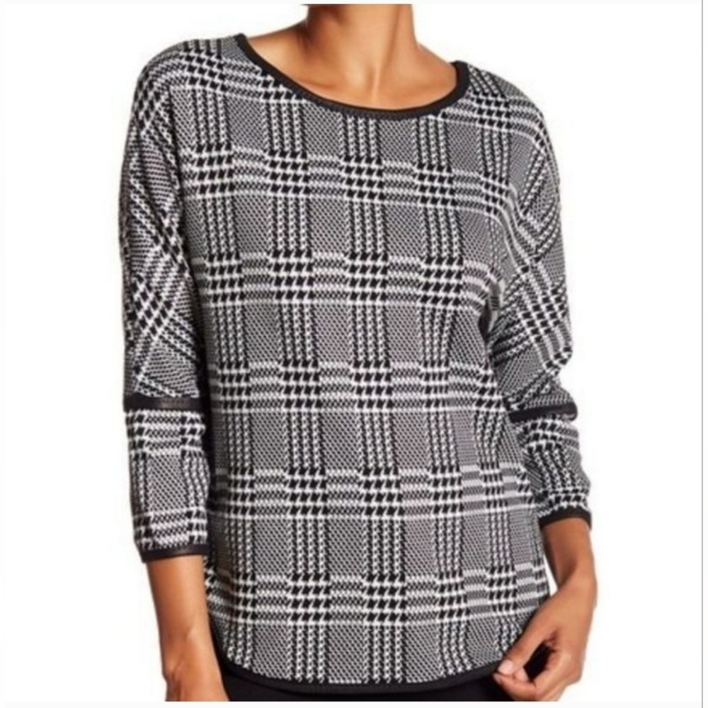 Max Studio small houndstooth textured Ponte blouse plaid faux leather trim